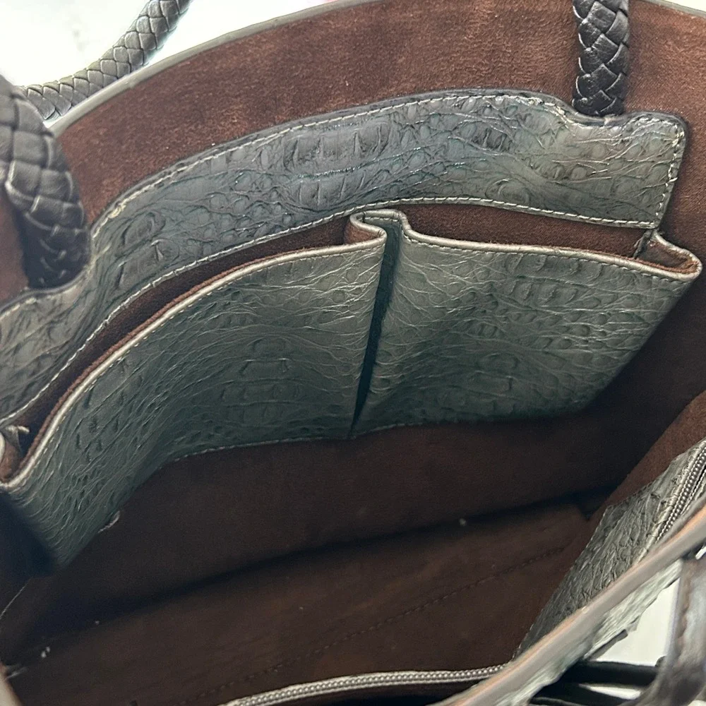 Gray Faux Crocodile-Embossed Dual Braided Top Closure Buckle Large Tote Bag